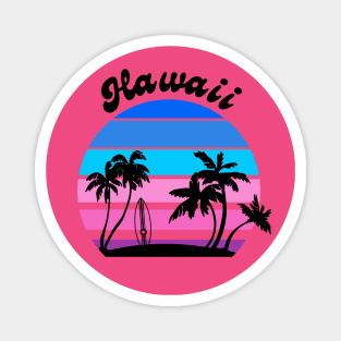 Hawaii - Sunset Scene - Surfboard and Palm Trees Magnet